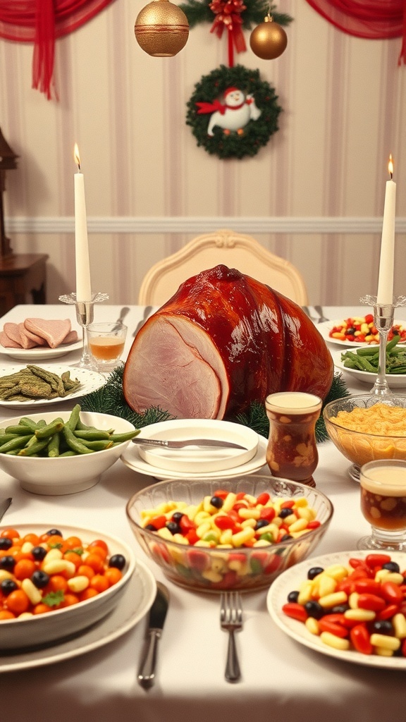 1950s Christmas Dinner Recipes A traditional 1950s Christmas dinner featuring glazed ham, green bean casserole, and Jell-O salad on a decorated table.